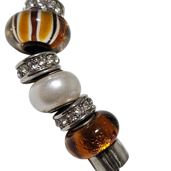 Elegant Brown White Beaded Bracelet Rhinestone Accents Boho Fashion Jewelry - Picture 2 of 3